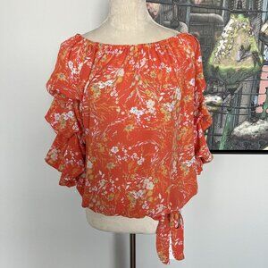 CeCe Orange Floral Tiered Sleeve Top M